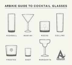 an illustrated guide to cocktail glasses with the names and pictures below it in black and white