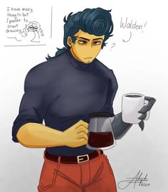 a drawing of a man holding a coffee mug and looking down at the cup in his hand