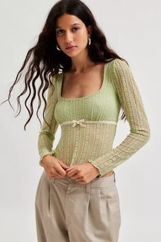 Women's Tops, Blouses, T-shirts + More | Urban Outfitters Kimchi Blue Dress, Tailored Clothes, Green Fits, Lettuce Hem, Lace Top Long Sleeve, Decor Essentials, Kimchi Blue, Girly Outfits, Kimchi