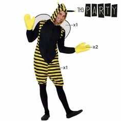 a man dressed in a bee costume standing next to a sign that says the party