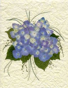 a painting of blue flowers with green leaves