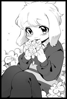 a drawing of a girl holding flowers in her hands and looking at the camera with one hand