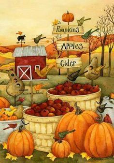 a painting of pumpkins, apples and birds in a basket with the words pumpkins apples cider on it