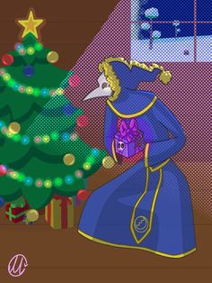 a woman in a blue dress standing next to a christmas tree