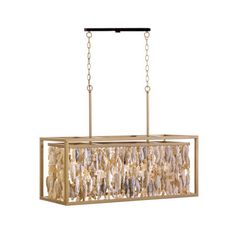 a rectangular chandelier hanging from a ceiling fixture with gold chain and glass panels