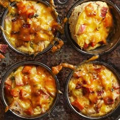 four pans filled with different types of food