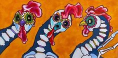 a painting of three chickens with different colors and designs on their heads, one in the shape of a skeleton