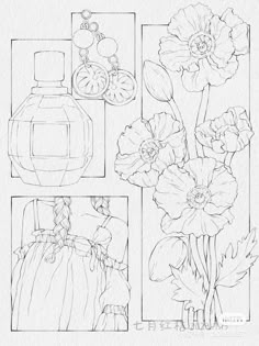 an image of flowers and perfume bottles in the process of being drawn with pencils