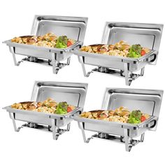 four stainless steel chafers with trays for food and vegetables on the side