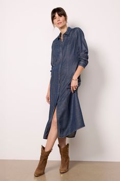 A seamed yoke brings Western style to this chambray shirt dress by Cloth & Stone, featuring a midi silhouette with a front button closure, vertical front seams, and long sleeves. Add a belt and booties for the perfect fall look. | CLOTH AND STONE Women's Western Yoke Shirt Dress, Size XL, Blue Relaxed Fit Denim Dress With Button Closure For Work, Denim Shirt Dress With Buttons For Daywear, Collared Denim Blue Shirt Dress For Work, Casual Button Front Midi Shirt Dress, Denim Blue Long Sleeve Shirt Dress For Work, Casual Midi-length Shirt Dress With Placket, Casual Midi Length Shirt Dress With Placket, Denim Long Sleeve Shirt Dress For Daywear, Long Sleeve Denim Shirt Dress For Daywear