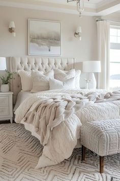 a white bed sitting in a bedroom on top of a rug next to a window