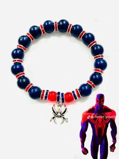 a spiderman bracelet with red, white and blue beads