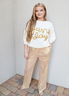 These gold sequin pants feature a straight leg, zipper front and two side pockets. Madelyn is wearing a Small. THIS ITEM IS A FINAL SALE Gold Sequin Pants, Sequin Pant, Sequin Pants, Gold Medal, Gold Sequin, Front Zipper, Final Sale, Design Studio, Sequin