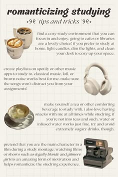 an info sheet describing how to use headphones for studying and drinking coffee or tea