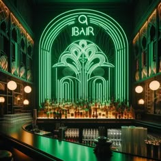 a dimly lit bar with green neon lights