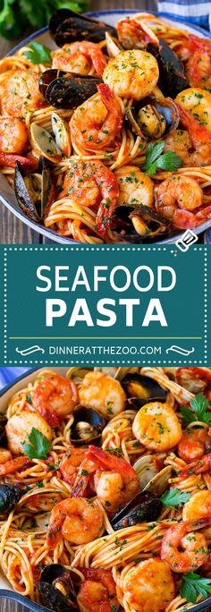 seafood pasta with shrimp and mussels in a skillet