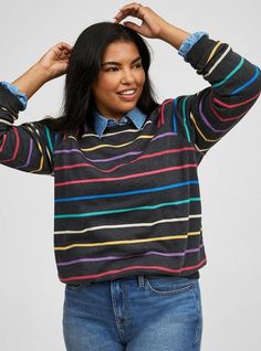 Fit Multicolor Relaxed Fit Winter Sweatshirt, Casual Multicolor Fleece Sweatshirt, Urban Multicolor Winter Sweatshirt, Multicolor Fleece Crew Neck Top, Multicolor Acrylic Crew Neck Sweater, Stripe Sweatshirt, Raglan Sweatshirt, Trendy Plus Size Fashion, Warm Interior