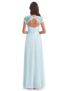 a woman in a light blue dress back view