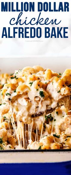 a casserole dish filled with chicken alfredo bake and melted cheese on top