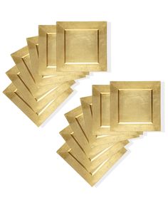 six gold square trays on a white background