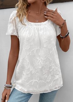 White Chiffon Short Sleeve Top, White Chiffon Blouse With Short Sleeves, White Chiffon Casual Tops, Short Sleeve Chiffon Tops For Spring, Spring Short Sleeve Chiffon Tops, Chiffon Short Sleeve Tops For Spring, White Casual Chiffon Blouse, White Casual Chiffon Top, Casual White Chiffon Blouse