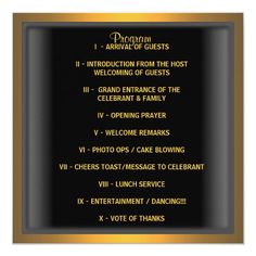 a black and gold framed plaque with the words program on it's front side