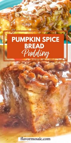 pumpkin spice bread pudding on a plate with text overlay that reads pumpkin spice bread pudding