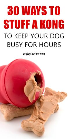 an apple with peanut butter in it and the words 30 ways to stuff a kong to keep your dog busy for hours