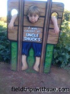 a cardboard cutout of a boy hanging from a wooden structure