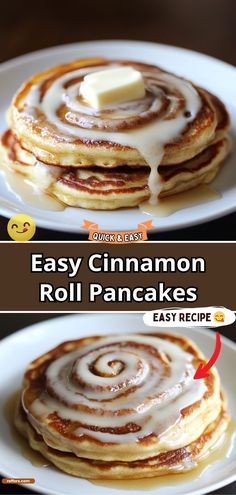 easy cinnamon roll pancakes on a white plate