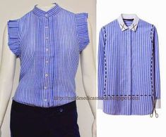 a woman's blue and white striped shirt with black laces on the collar