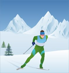 a man riding skis down the side of a snow covered slope with mountains in the background