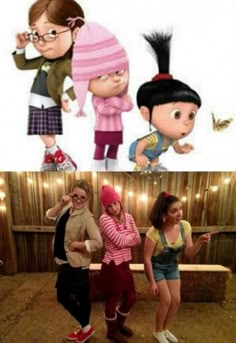 two pictures of people in different outfits, one with glasses and the other with pink hair