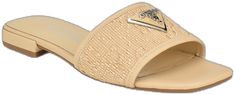 Luxury Slip-on Slides For Spring, Luxury Flat Mules For Spring, Summer Designer Flat Slides, Designer Summer Flat Slides, Luxury Synthetic Sandals For Summer, Luxury Synthetic Beach Sandals, Luxury Synthetic Sandals For The Beach, Designer Flat Slides For Summer, Elegant Flat Slides With Textured Footbed