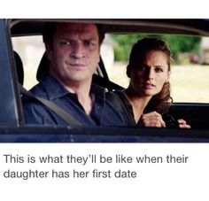 a man and woman in a car with the caption'this is what they'll be like when their daughter has her first date