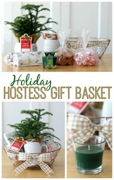 the holiday hostess gift basket is filled with cookies, marshmallows and other treats