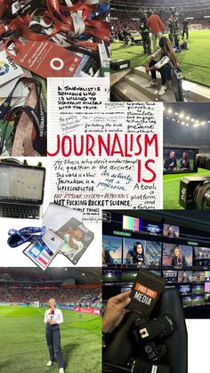 a collage of photos with the words journalism is surrounded by images of people and electronic devices