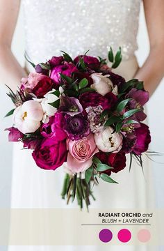 a woman holding a bouquet of flowers in her hands and wearing a wedding dress with sequins