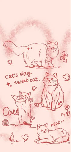 an image of cats and kittens in red ink on pink paper with the words cats day, swee cat c