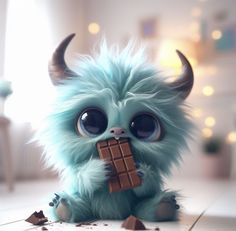 a small blue furry animal holding a chocolate bar in it's mouth and sitting on the floor