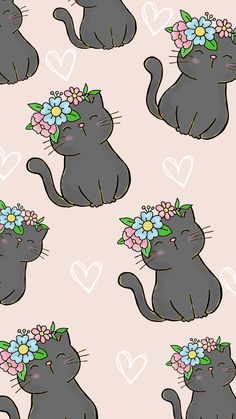 several images of cats with flowers in their hair and hearts on the wall behind them