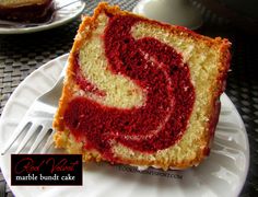 a slice of red velvet marble pound cake on a plate