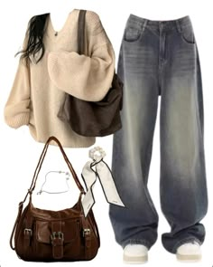 OOTD: Pullover Sweater + Boyfriend Jeans + Crossbody Bag Old Money Outfits Men Summer, 2000s Fashion Winter, Y2k Outfits Grunge, Daily Fits, Baggy Jeans Outfit, Pop Outfits, Downtown Outfits, College Fits, Modest Fits