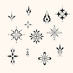 black and white floral designs on a white background, set of nine different shapes in the form of flowers