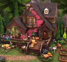 an animated house with lots of flowers and plants