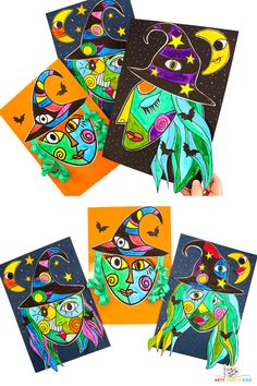 four colorful cards with pictures of witches and stars on them, one has a black hat