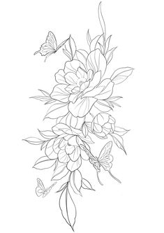 a drawing of flowers and butterflies on a white background