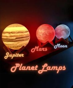 three solar system lamps with the moon and planets on them