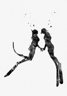 black and white photograph of two people jumping in the air with skis on their feet