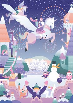 an illustration of snowmen and unicorns in front of a castle at christmas time